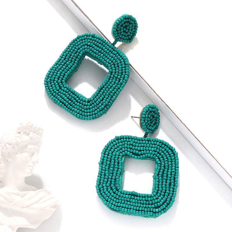 Boderier Beaded Drop Earrings Bohemian Wire Wrapped Beaded Square Hoop Dangle Statement Earrings (Blue) - Image 5